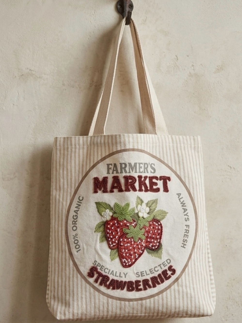 NWT The Farmer’s Market Strawberries Beaded Canvas Tote Cottagecore